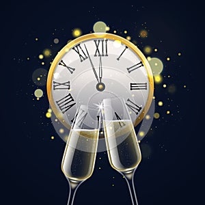 Happy new year with champagne glasses. Clinking sparkling crystal wine in realistic 3d wineglasses with midnight retro
