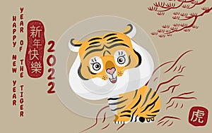 Happy new year, Chinese New Year, 2022, Year of the Tiger, cartoon character, cute Flat design
