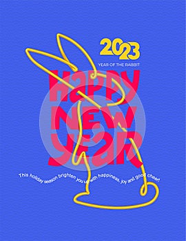 Happy New Year, Chinese New Year, Lunar, 2023. Year of the Rabbit , Chinese Traditional poster and card. Bunny in simple one line
