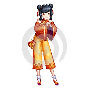 Happy New Year Chinese Traditional Girl with Anime and Cartoon Style