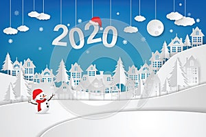 Happy new year and Christmas 2020 Snowman and Countryside landscape.