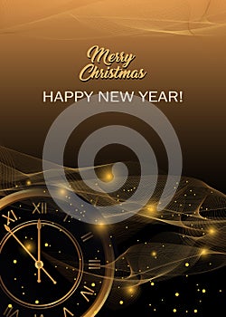 Happy New Year and Christmas background with golden clock. Xmas banner. Vector