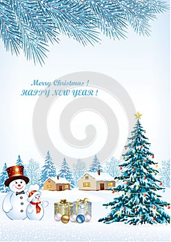 Happy New Year. Christmas card with Christmas tree and snowman and gift boxes.