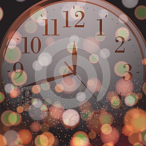 Happy New Year or Christmas card with golden clock. Christmas creative decoration. Vector