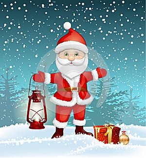 Happy New Year and Christmas card with Santa Claus and gift and antique lamp