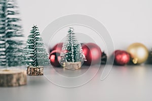 Happy New Year. Christmas concept and background with Christmas ornaments and balls. Soft background