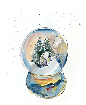 Glass bowl. Christmas decoration. Watercolor hand dawing illustration