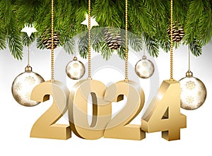 Happy New Year and Christmas holiday frame with branches of tree garland