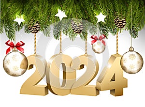 Happy New Year and Christmas holiday frame with branches of tree garland