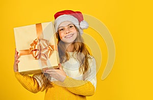 happy new year. christmas shopping online. time for discount. smiling kid hold purchase. presents and gifts from santa