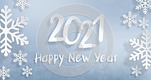 2021 Happy New Year. Christmas winter background for banner, greeting card, poster. Realistic paper cutouts font and