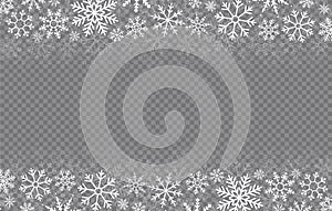 Happy New Year, Christmas and xmas. Falling snow. Snowflakes in different shapes. Winter holidays. Vector snowflake on transparent