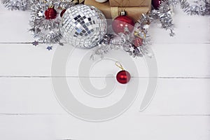 Happy new Year 2020 christmastime. Gift boxes and christmas tree toys on background. Winter light rustic photo photo