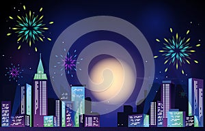 Happy New Year City Building Cityscape Fireworks Full Moon