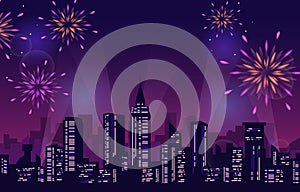 Happy New Year City Building Cityscape Fireworks Party