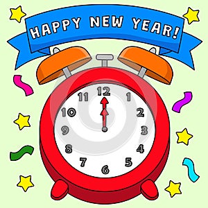 Happy New Year Clock Colored Cartoon Illustration