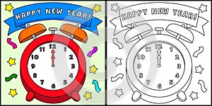 Happy New Year Clock Coloring Page Illustration