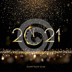 Happy new year clock countdown background. Gold glitter shining in light with sparkles abstract celebration. Greeting