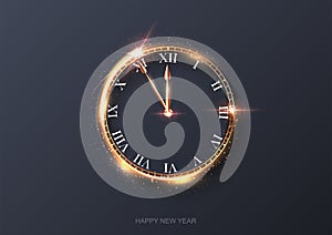 Happy new year clock countdown background. Gold light shining with sparkles abstract celebration at midnight. Festive