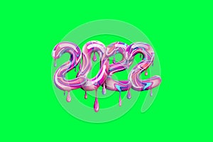 2022 Happy New Year. Colored numbers from sweets on a green background, isolate. Graphic design template, New Year card. 3D