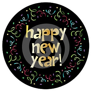Happy new year in colorful confetti circle frame