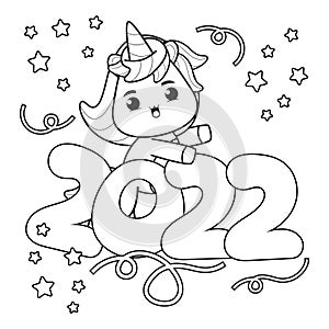 Happy new year coloring book with cute unicorn