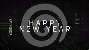 Happy New Year on computer screen with glitch