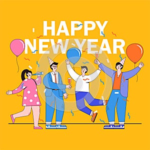 Happy New Year 2022 concept with group of people celebrating in flat design. Party with champagne glasses, balloons, party hats.