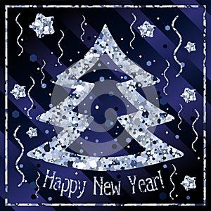 Happy New year, congratulations with Christmas tree and stars of silver confetti