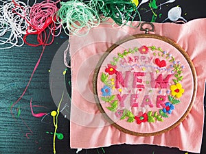 Happy new year craft embroidery handmade leisure hobby sewing illustration design art pattern frame flower template