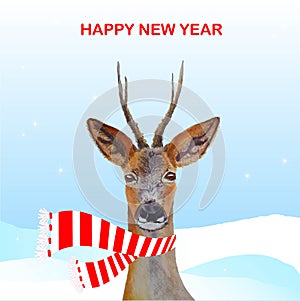 Happy New Year cute deer on snow landscape