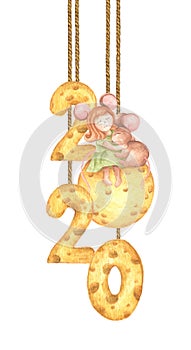 Happy New Year. Cute girl mouse hug a little mouse sitting on the cheese moon and cheese calendar hang from string painted in