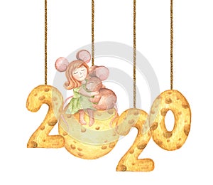 Happy New Year. Cute girl mouse hug a little mouse sitting on the cheese moon and cheese calendar hang from string painted in