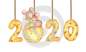 Happy New Year. Cute girl mouse hug a little mouse sitting on the cheese moon and cheese calendar hang from string painted in