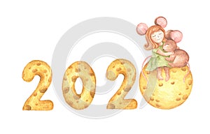 Happy New Year. Cute girl mouse hug a little mouse sitting on the cheese moon and cheese calendar. Watercolor illustration