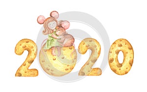 Happy New Year. Cute girl mouse hug a little mouse sitting on the cheese moon and cheese calendar. Watercolor illustration