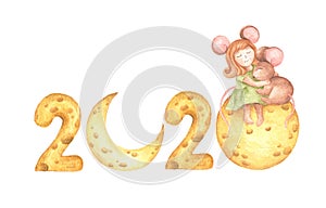 Happy New Year. Cute girl mouse hug a little mouse sitting on the cheese moon and cheese calendar. Watercolor illustration