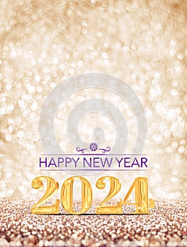 happy new year 2024 3d rendering gold color on gold glitter background photo