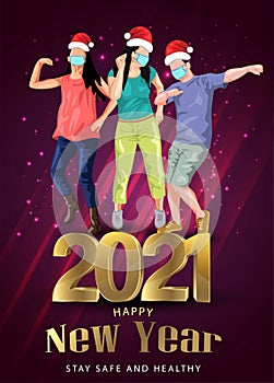 Happy new year Dance Night Party Flyer design with group of people dancing with Santa hand and wearing surgical mask. coronavirus