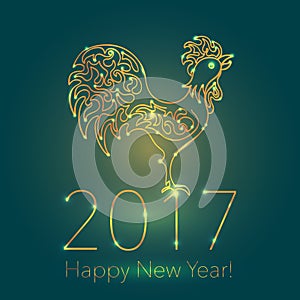 Happy New Year Dark Glossy Background with Glittering Sparcles. 2017 Chinese New Year Greeting Card with Hand Drawn Peacock.