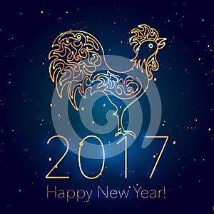 Happy New Year Dark Glossy Background with Glittering Sparcles. 2017 Chinese New Year Greeting Card with Hand Drawn Peacock.