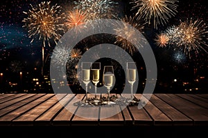 Happy New Year. Dark night with beautiful fireworks and champagne glasses on table