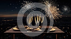 Happy New Year. Dark night with beautiful fireworks and champagne glasses on table