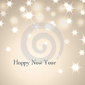 Happy New Year decoration background with text. Stars, glitter and white winter snowflakes. Bright Xmas card. Merry