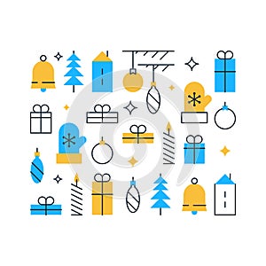 Happy new year decoration element, winter holidays background, Christmas ornament, festive pattern, vector flat icons