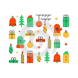 Happy new year decoration element, winter holidays background, Christmas ornament, festive pattern, vector flat icons