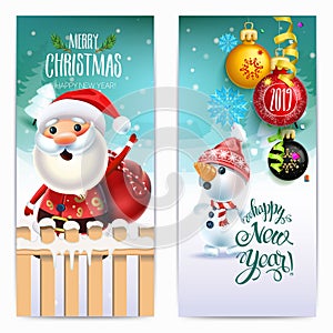 2019 Happy New Year decoration of a poster card and a merry Christmas holiday background with garlands, tree branches, snowflakes