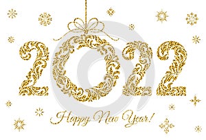 Happy New Year 2022. Decorative Font made of swirls and floral elements. Golden glitter Numbers and Christmas wreath