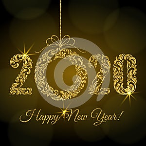 Happy New Year 2020. Decorative Font made of swirls and floral elements. Golden glitter Numbers and Christmas wreath with sparks