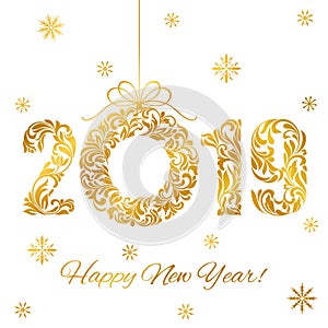 Happy New Year 2019. Decorative Font made of swirls and floral elements. Golden Numbers and Christmas wreath isolated on a white